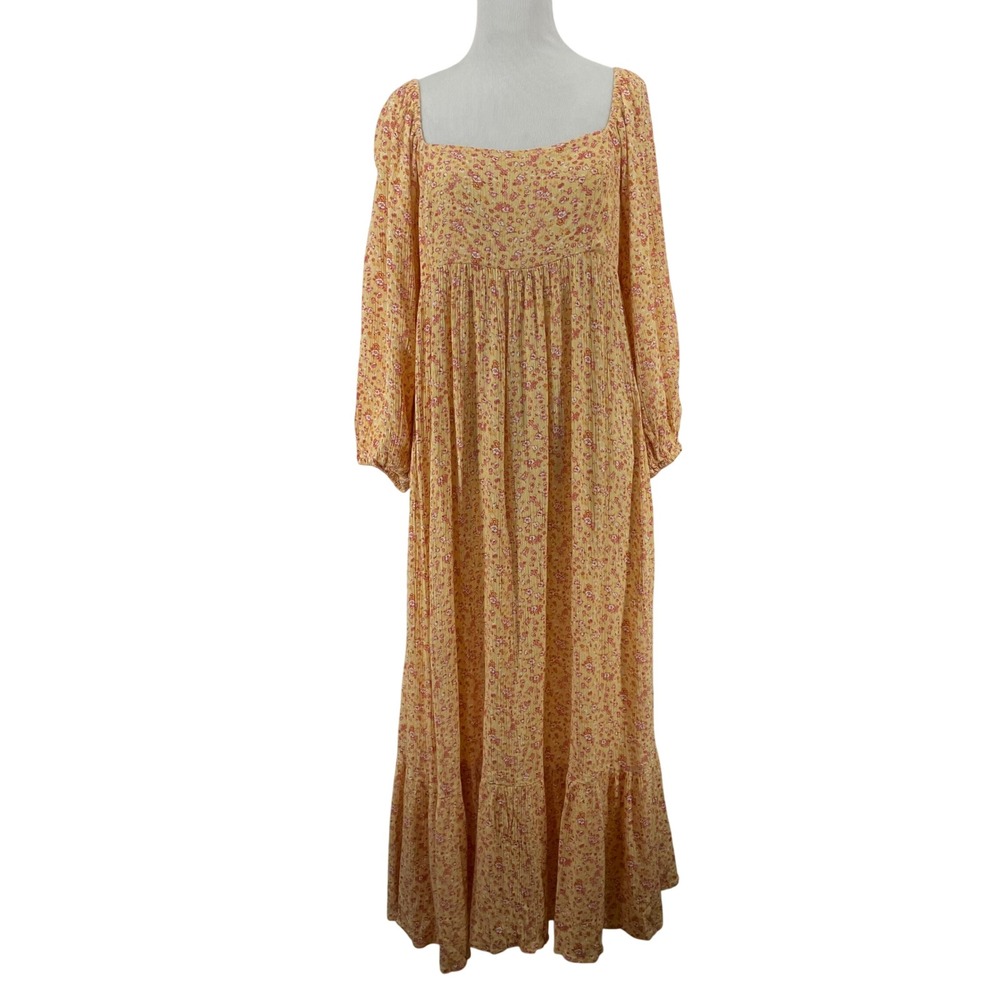 Shop Neighbor Size M Midi Dress Yellow Orange Floral Long Sleeve Square Neck